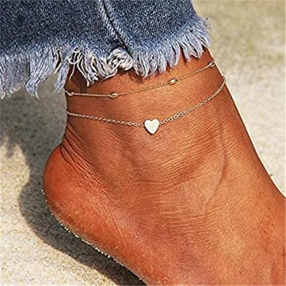 Layered Anklets Women Heart Gold Ankle Bracelet Charm Beaded Dainty Foot Jewelry - Picture 4 of 5